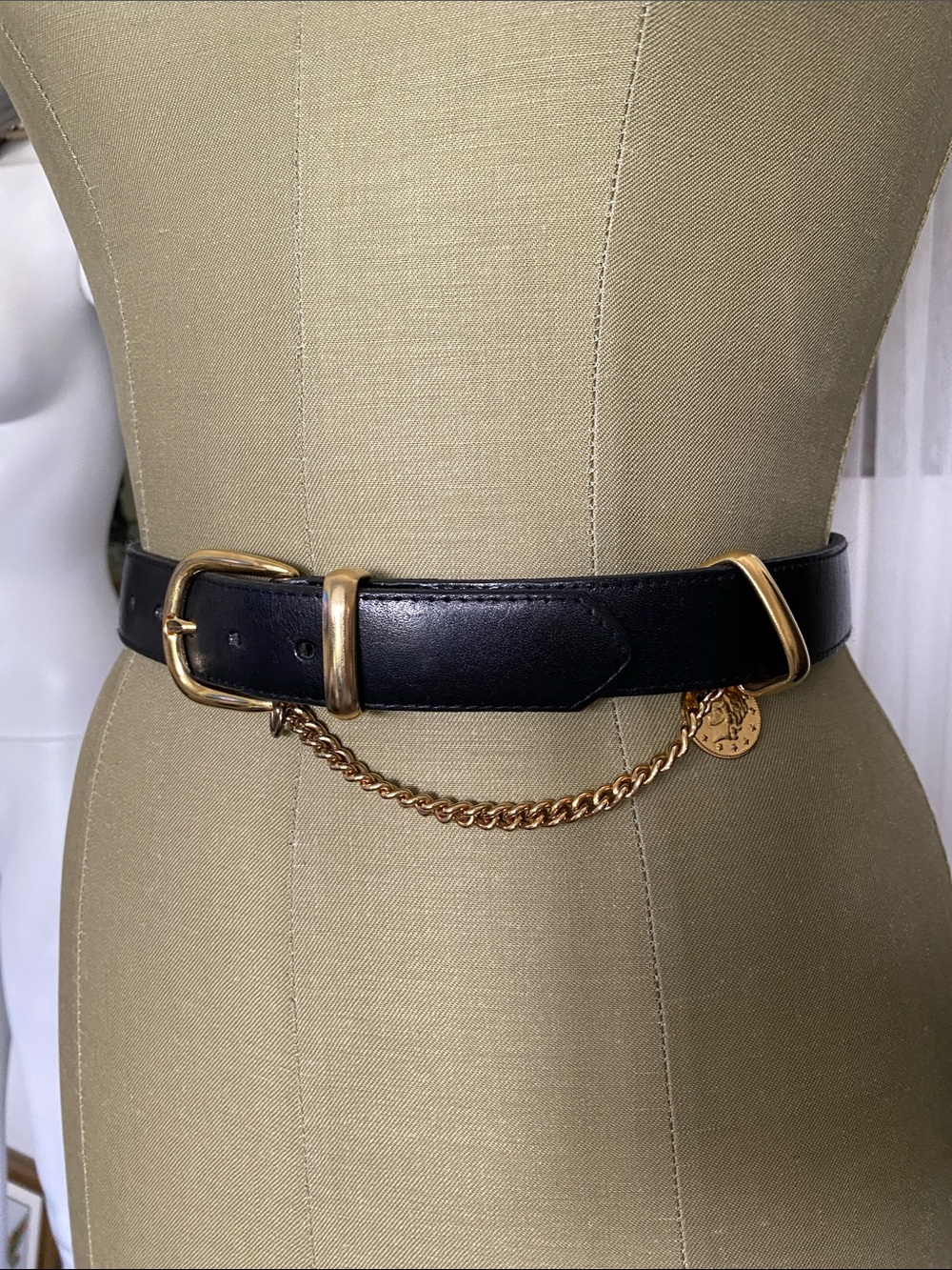 Black Leather Waist Belt with Gold Chain Accent by Landes Made in Canada 🇨🇦